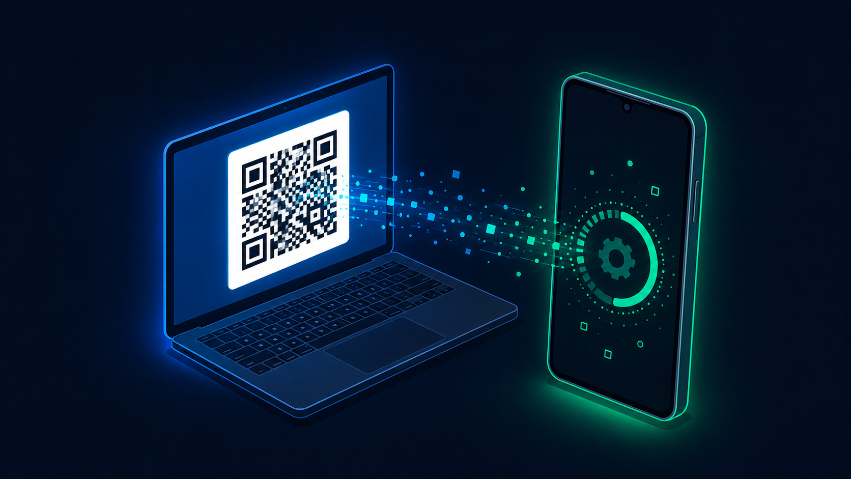 ノート PC に表示された QR コードを Android スマートフォンがスキャンし、ポリシーが配信されるアイソメトリック図