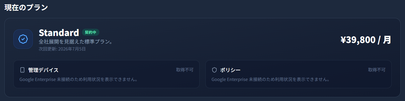 Standard プラン契約後の料金プランページ。「契約中」バッジ・次回更新日・利用状況が表示