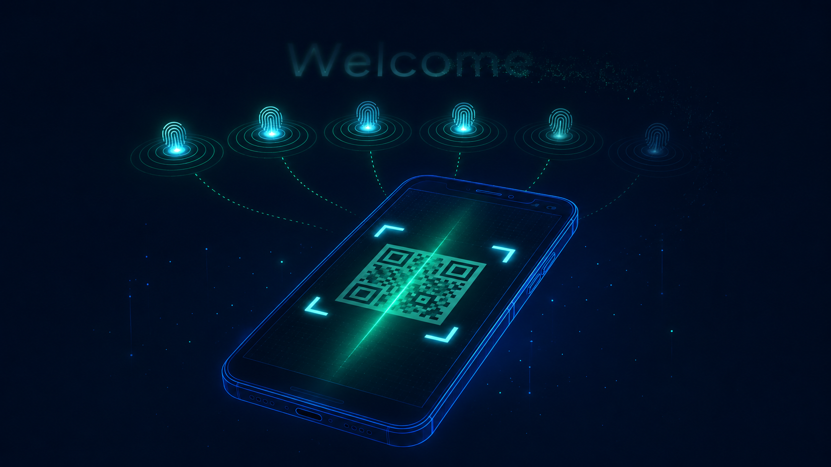 Android 端末の「ようこそ」画面で 6 回連続タップして QR コードスキャナーが起動した状態のイメージイラスト