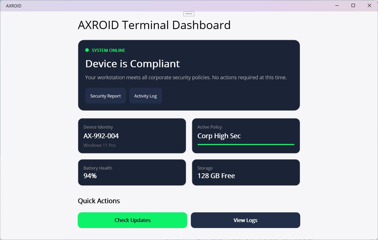 Windows 版 Terminal アプリのログイン後ダッシュボード。SYSTEM ONLINE、Device is Compliant カードを上段に配置し、デバイス識別子・適用ポリシー・バッテリー・ストレージのカードと Quick Actions ボタンが横長に並ぶ