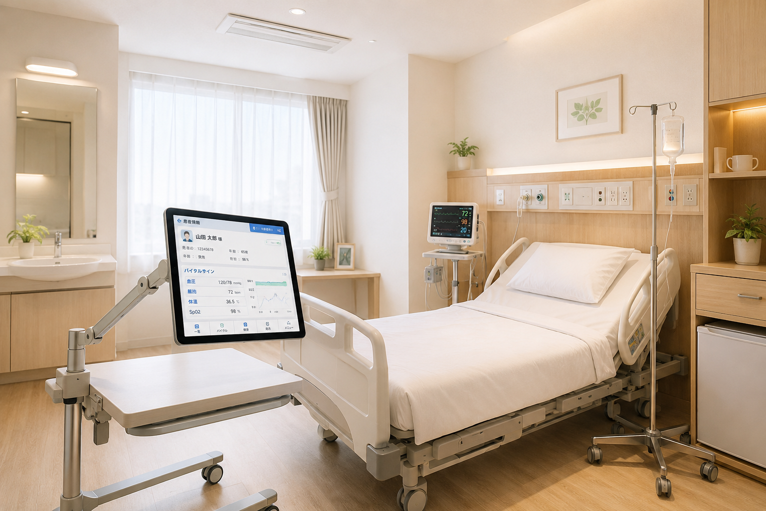 医療現場の病室に設置されたタブレット型専用端末